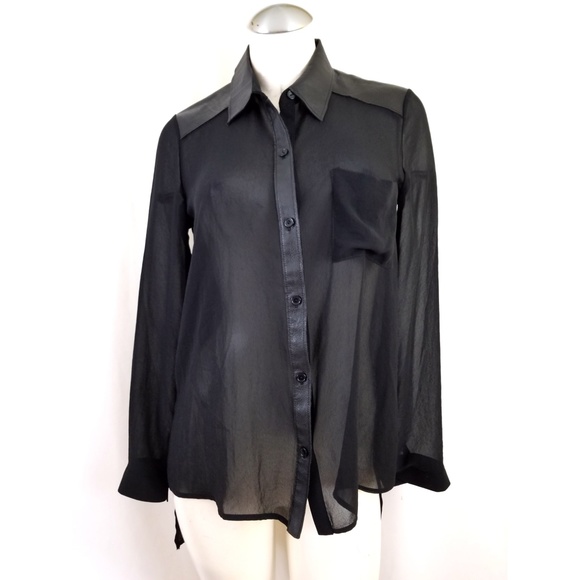 Anthropologie Tops - Lush S Sheer Black Top Faux Leather Trim